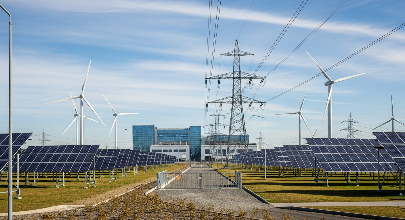 Moderne Energieinfrastruktur bei Sonnenuntergang